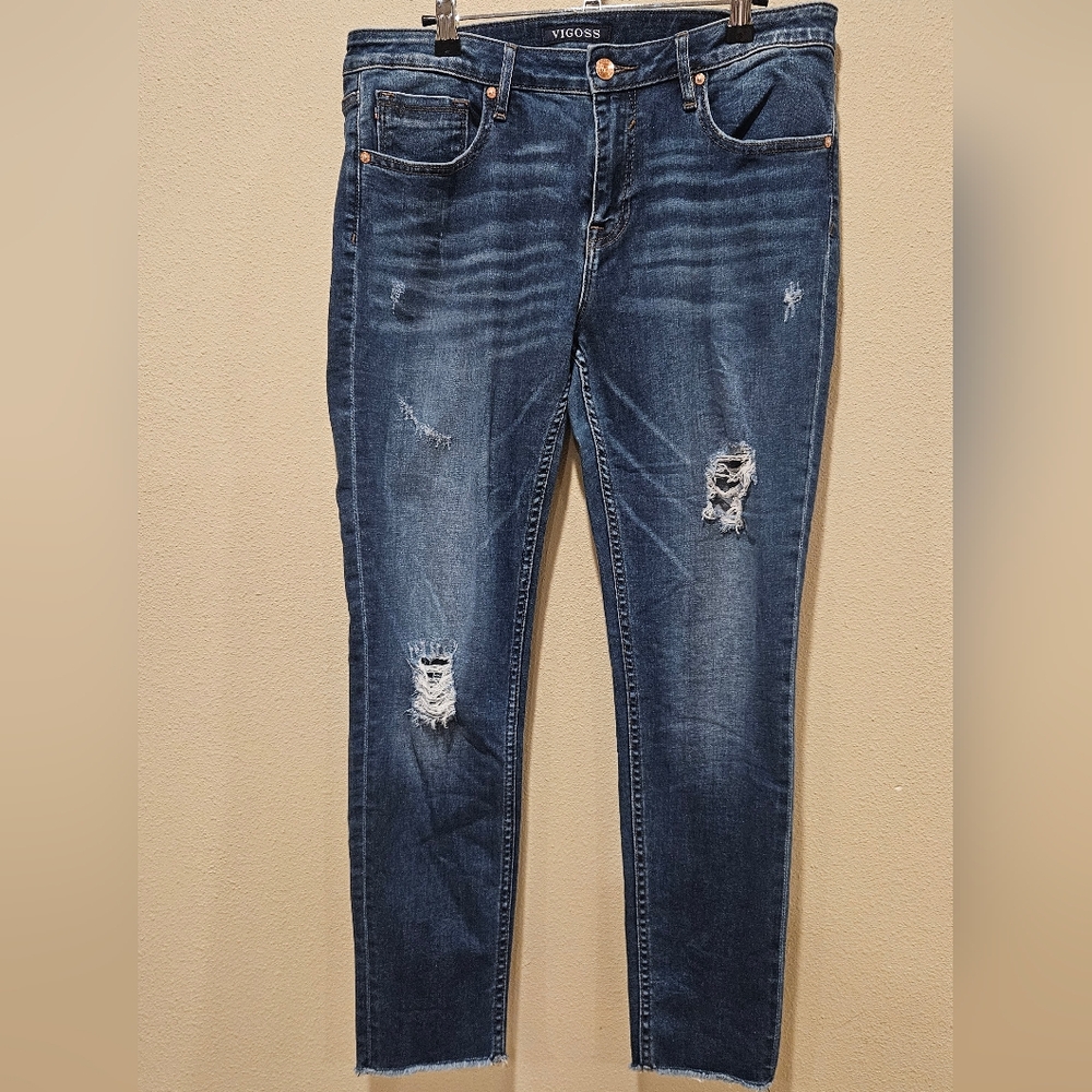 Vigoss Women's Ripped Skinny Jeans in Medium Blue Wash Raw Hem, 31 Inches